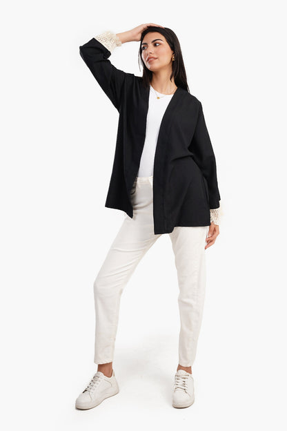 Cardigan with Fringe Cuffs - Black