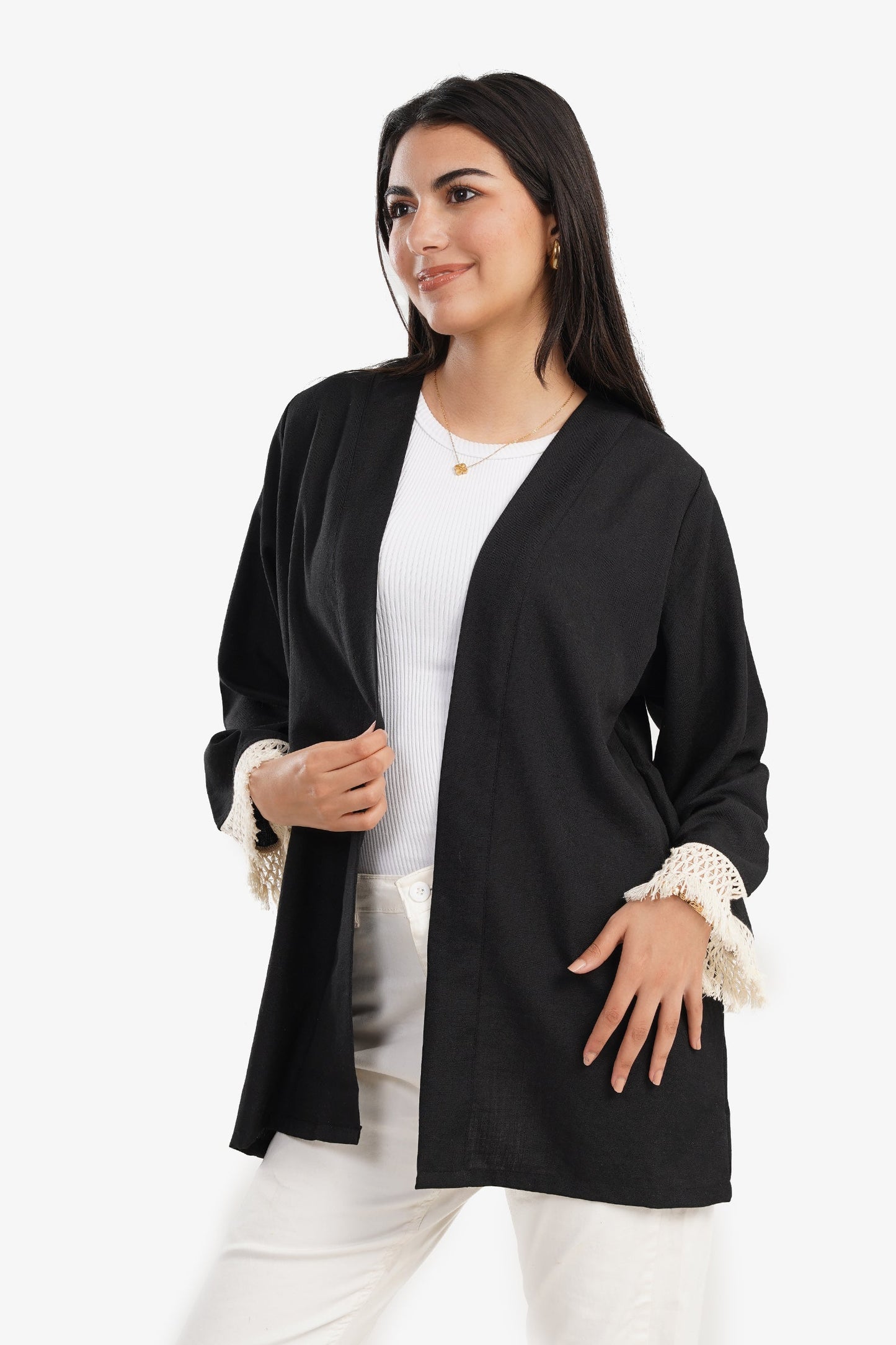 Cardigan with Fringe Cuffs - Black