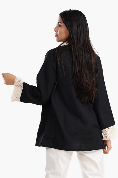 Cardigan with Fringe Cuffs - Black