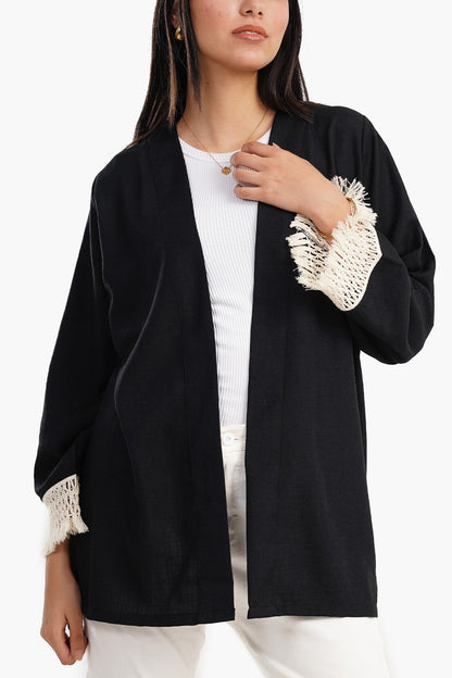 Cardigan with Fringe Cuffs - Black