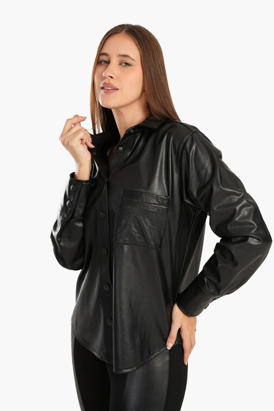 Leather Shirt with Snap Closure - Black