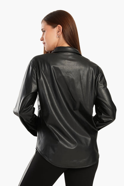 Leather Shirt with Snap Closure - Black