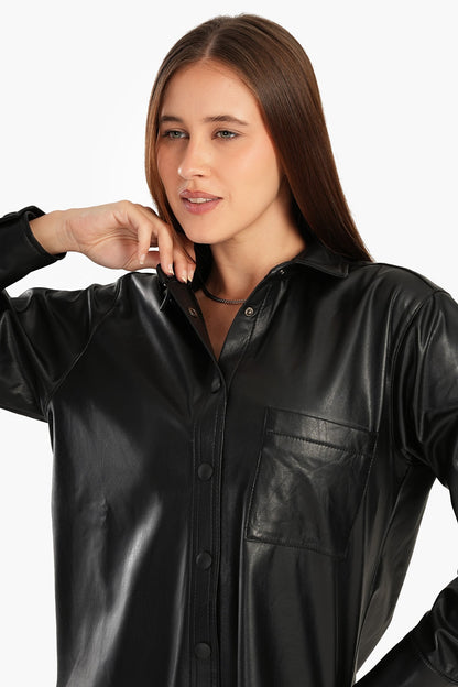 Leather Shirt with Snap Closure - Black