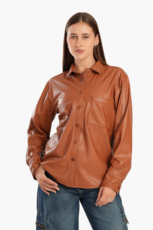 Leather Shirt with Snap Closure - Camel