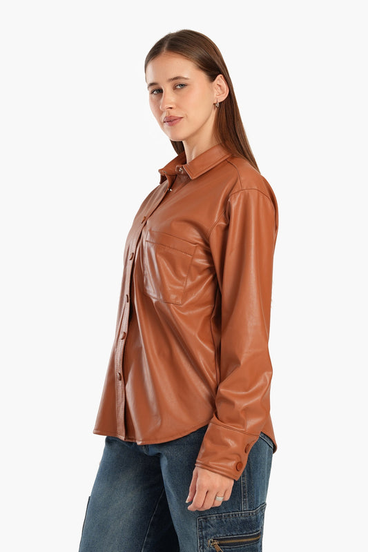 Leather Shirt with Snap Closure - Camel