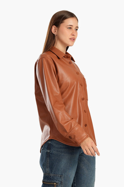 Leather Shirt with Snap Closure - Camel