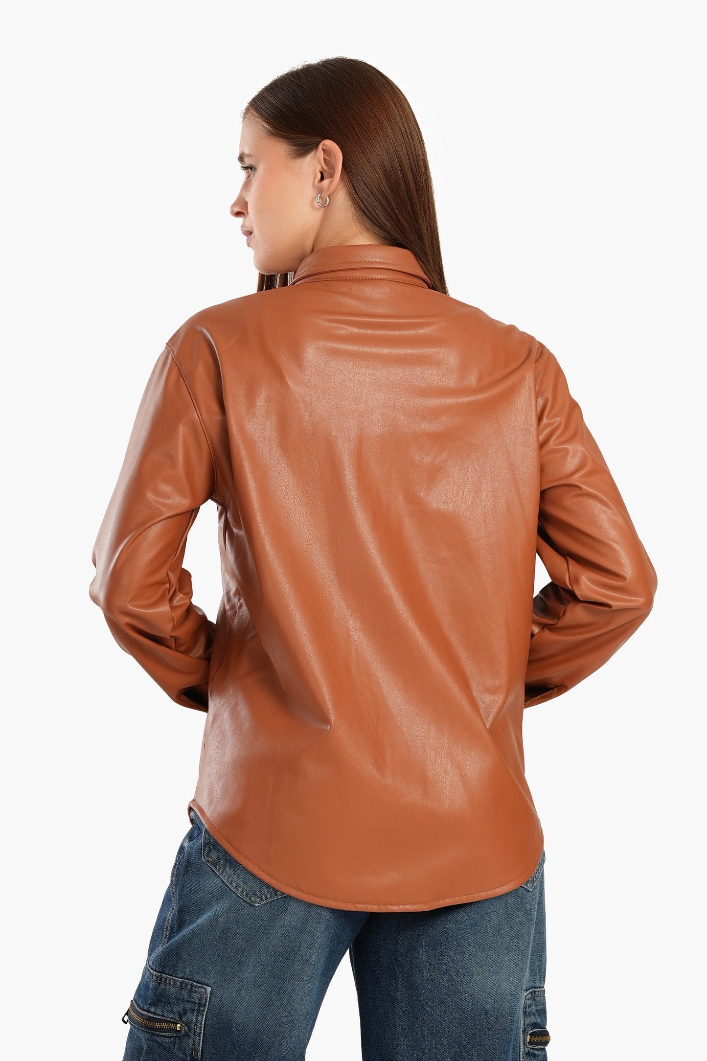 Leather Shirt with Snap Closure - Camel