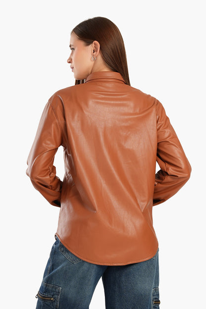 Leather Shirt with Snap Closure - Camel