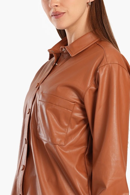 Leather Shirt with Snap Closure - Camel