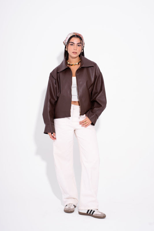 Faux Leather Zip-Up Jacket – Brown