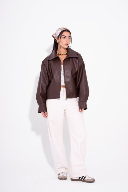 Faux Leather Zip-Up Jacket – Brown