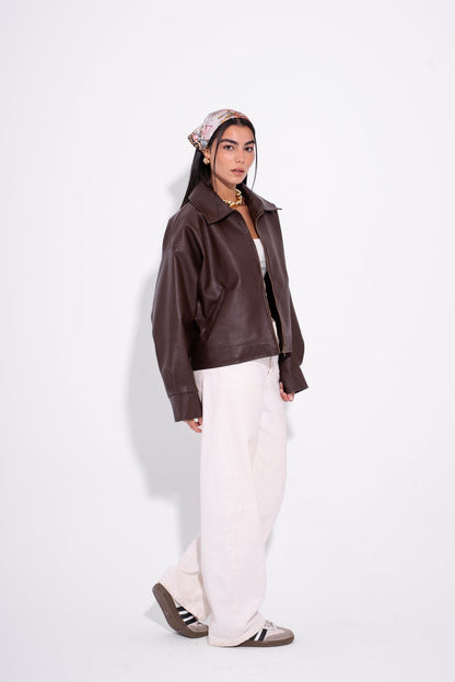 Faux Leather Zip-Up Jacket – Brown