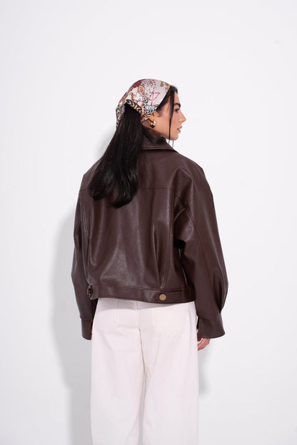 Faux Leather Zip-Up Jacket – Brown