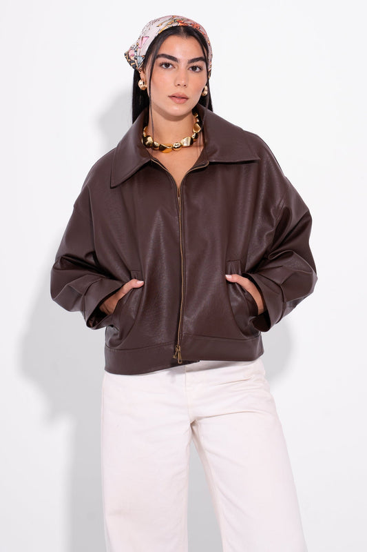 Faux Leather Zip-Up Jacket – Brown