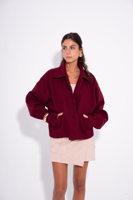 Wool Buttoned Short Coat – Burgundy