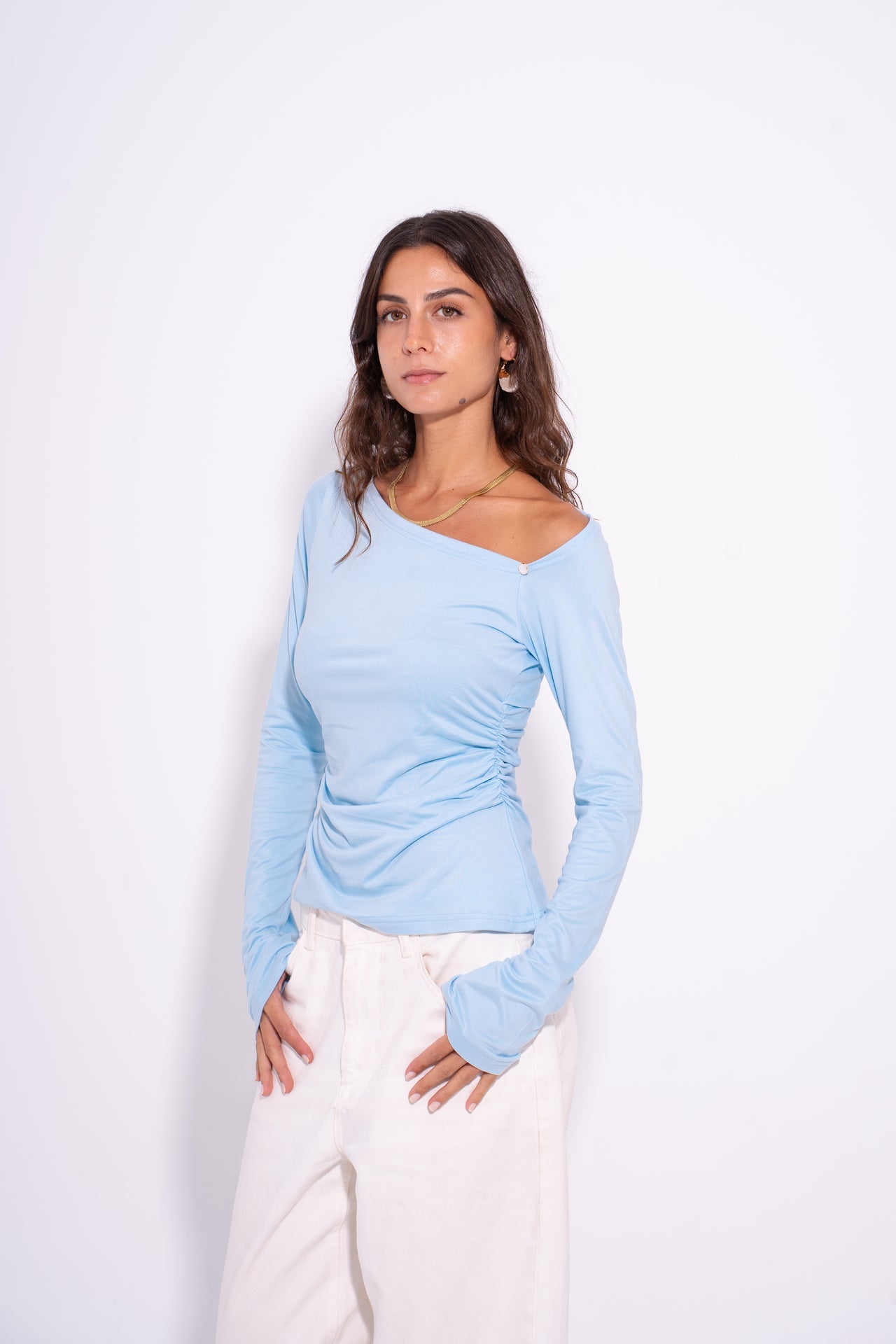 Cotton Asymmetric Shoulder Top – Baby Blue