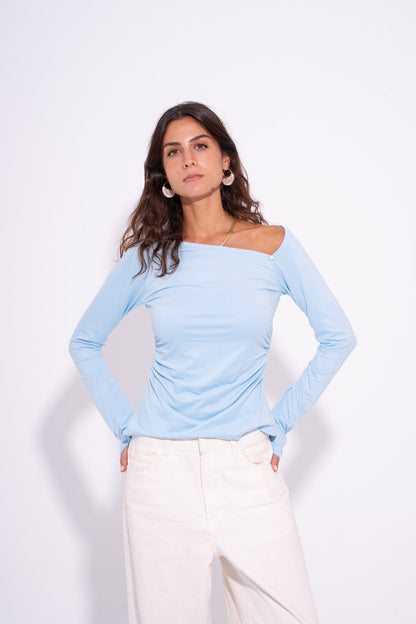 Cotton Asymmetric Shoulder Top – Baby Blue