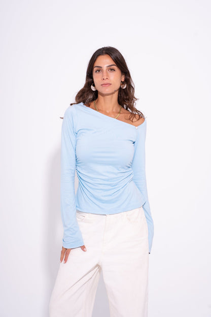 Cotton Asymmetric Shoulder Top – Baby Blue