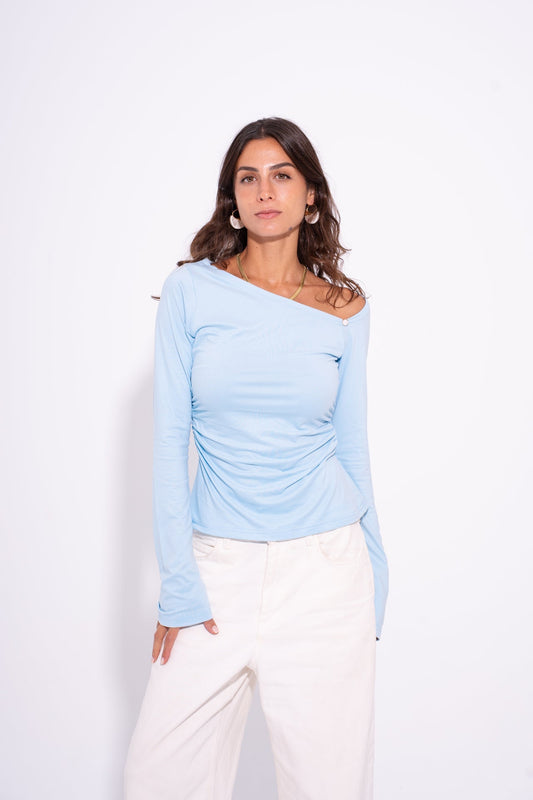 Cotton Asymmetric Shoulder Top – Baby Blue