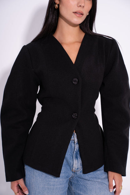 Wool Buttoned Tailored Blazer – Black
