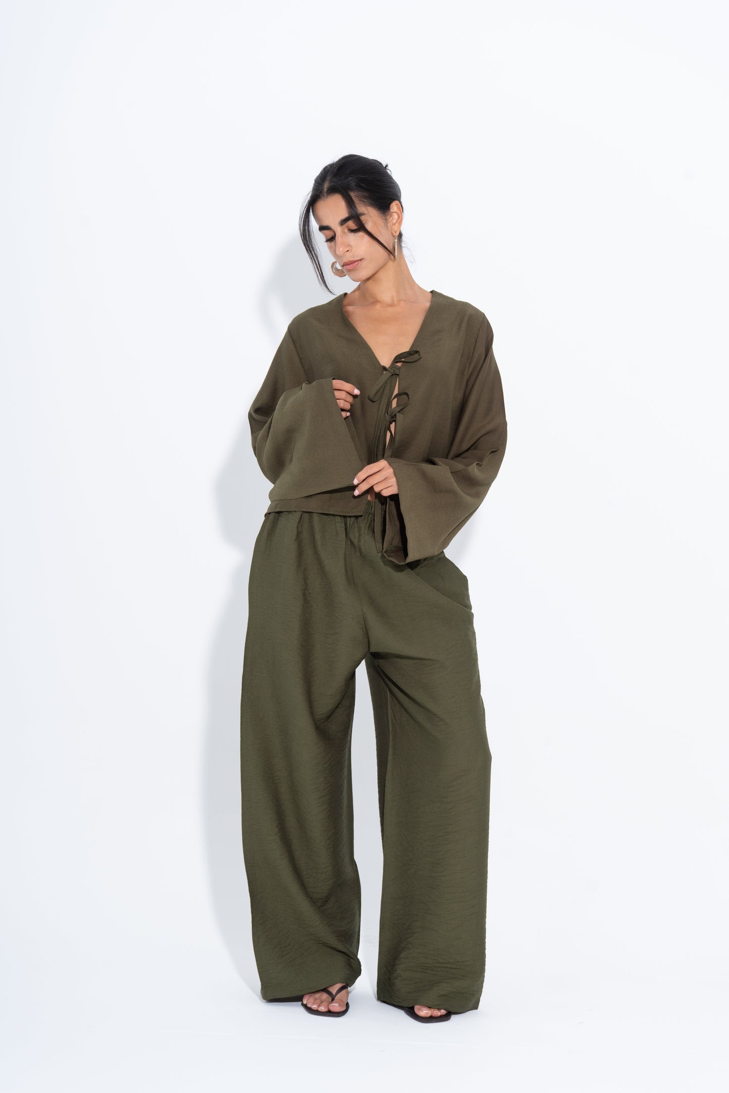Linen Solid Two-Piece Set – Olive Green