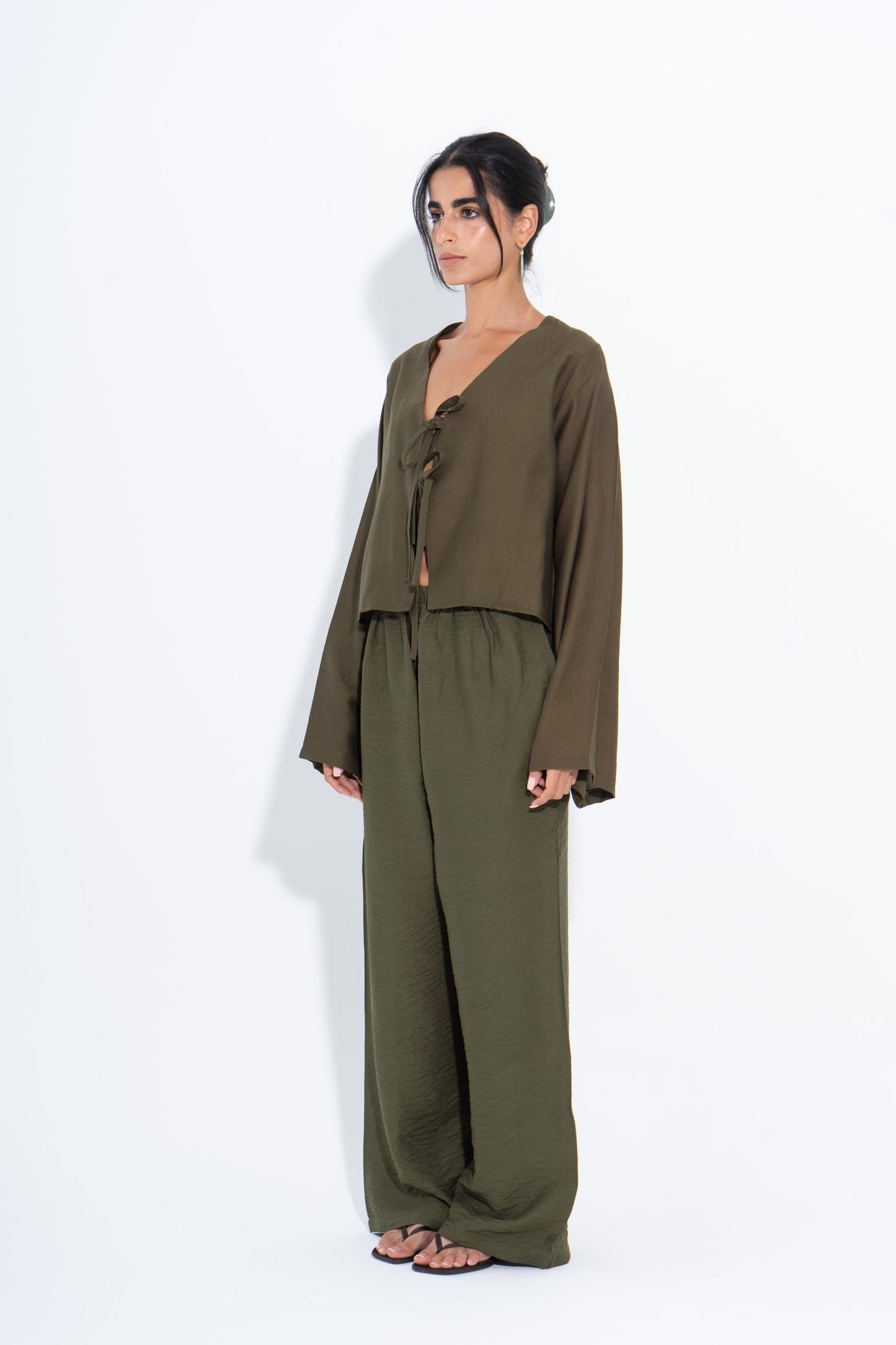 Linen Solid Two-Piece Set – Olive Green