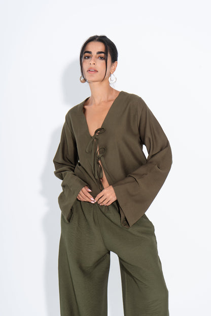 Linen Solid Two-Piece Set – Olive Green