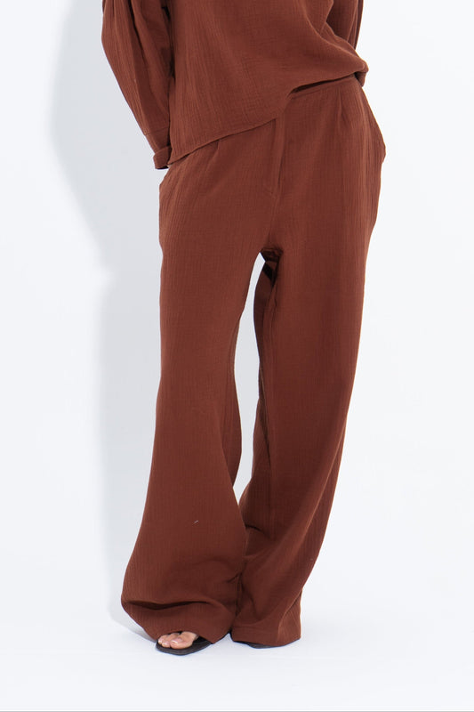 Linen Solid Wide-Leg Pants – Brown