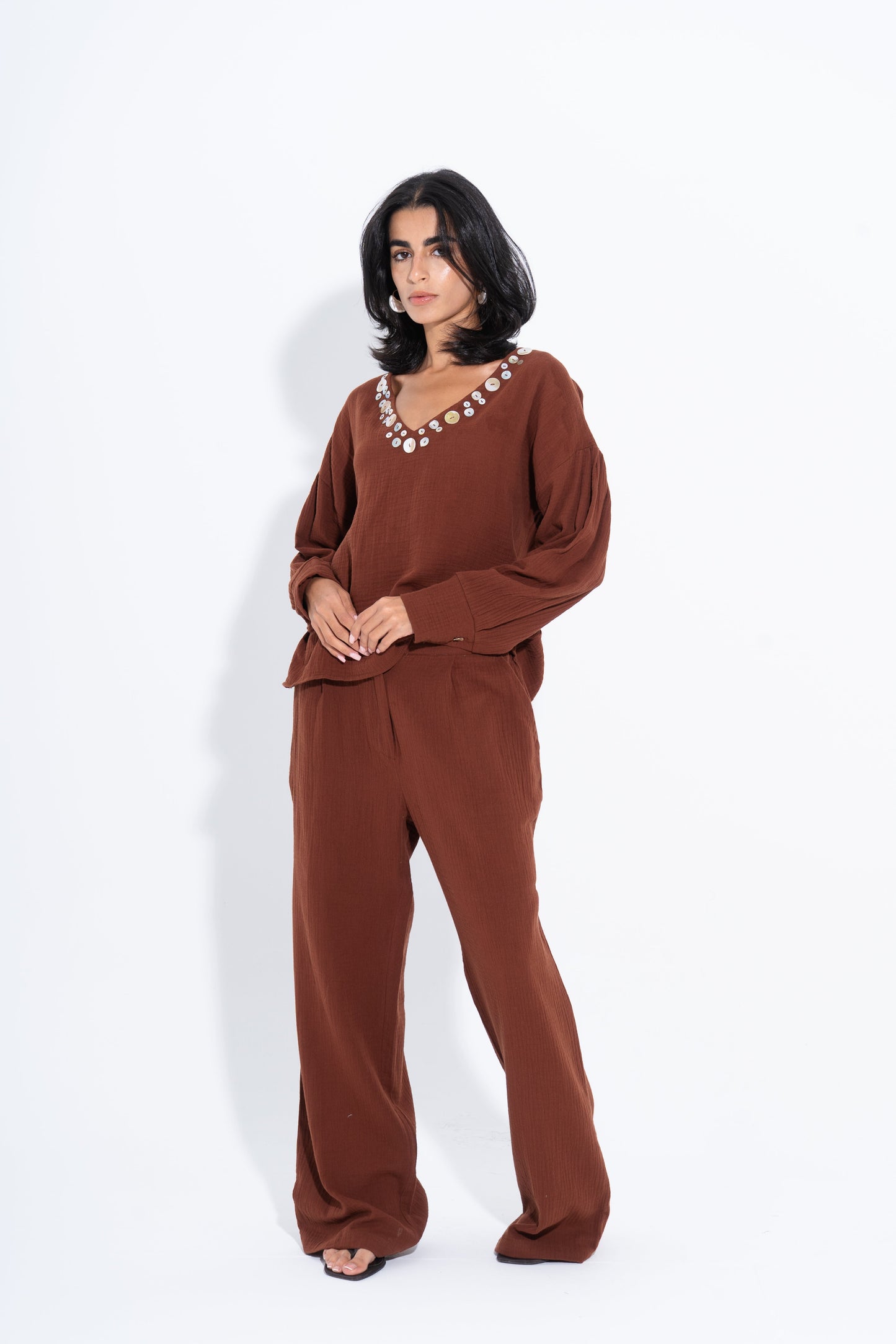 Linen Solid Wide-Leg Pants – Brown