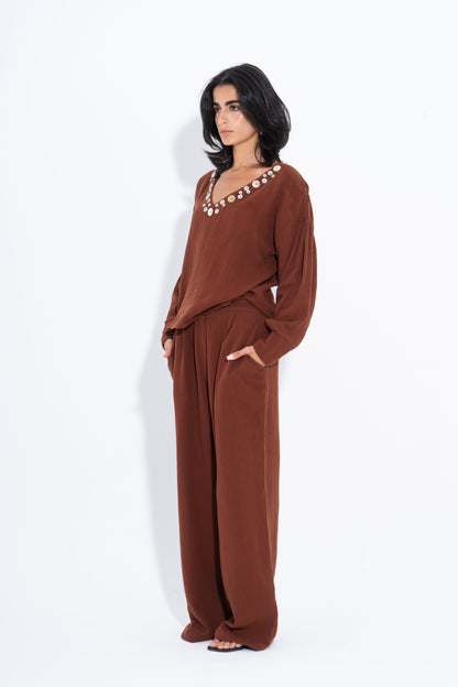 Linen Solid Wide-Leg Pants – Brown