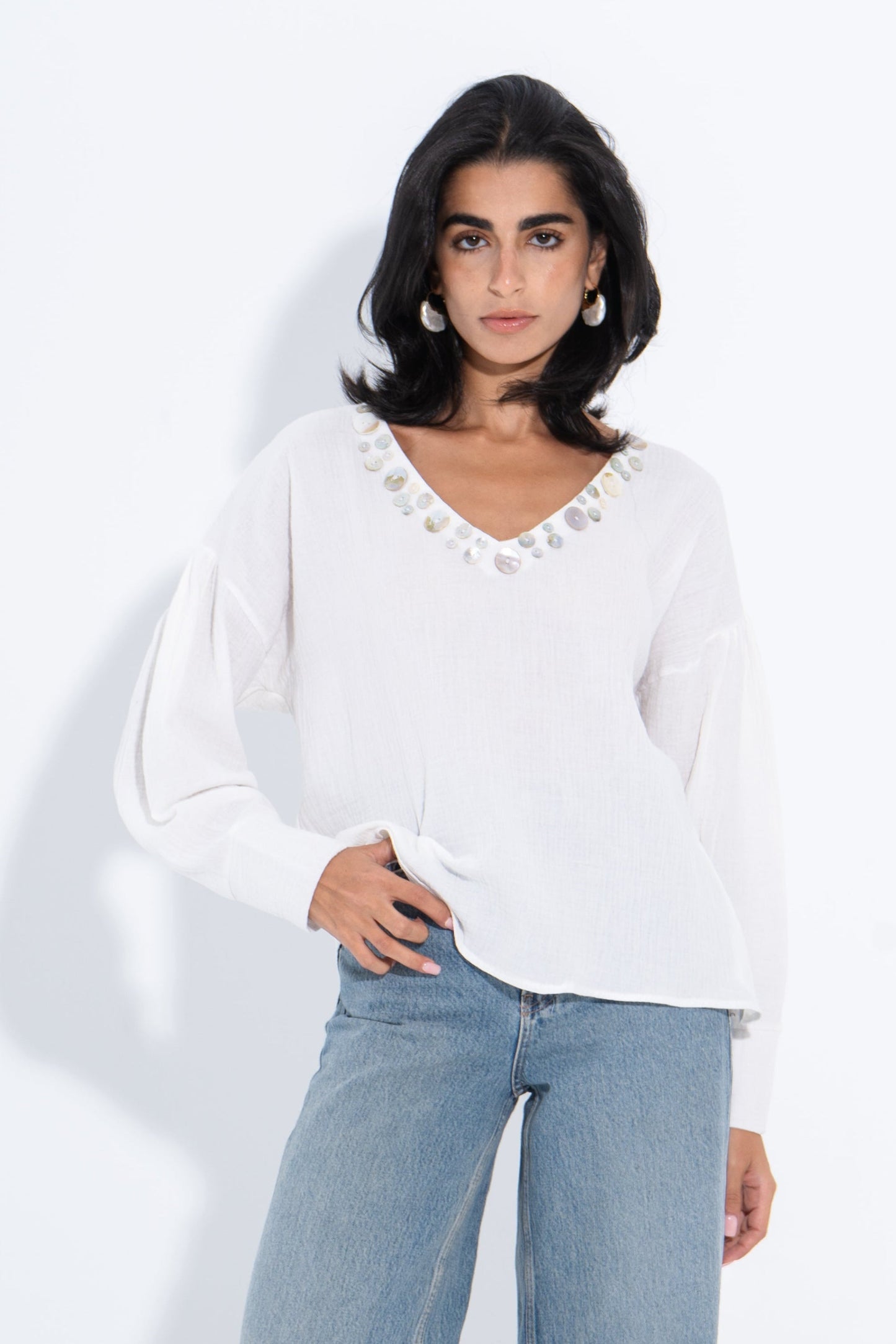 Linen Solid Embellished V-Neck Blouse – White