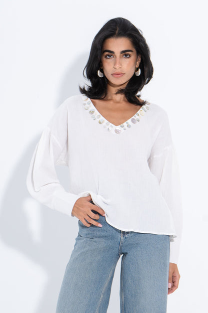 Linen Solid Embellished V-Neck Blouse – White