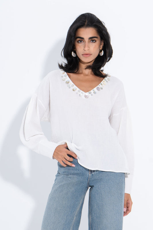 Linen Solid Embellished V-Neck Blouse – White