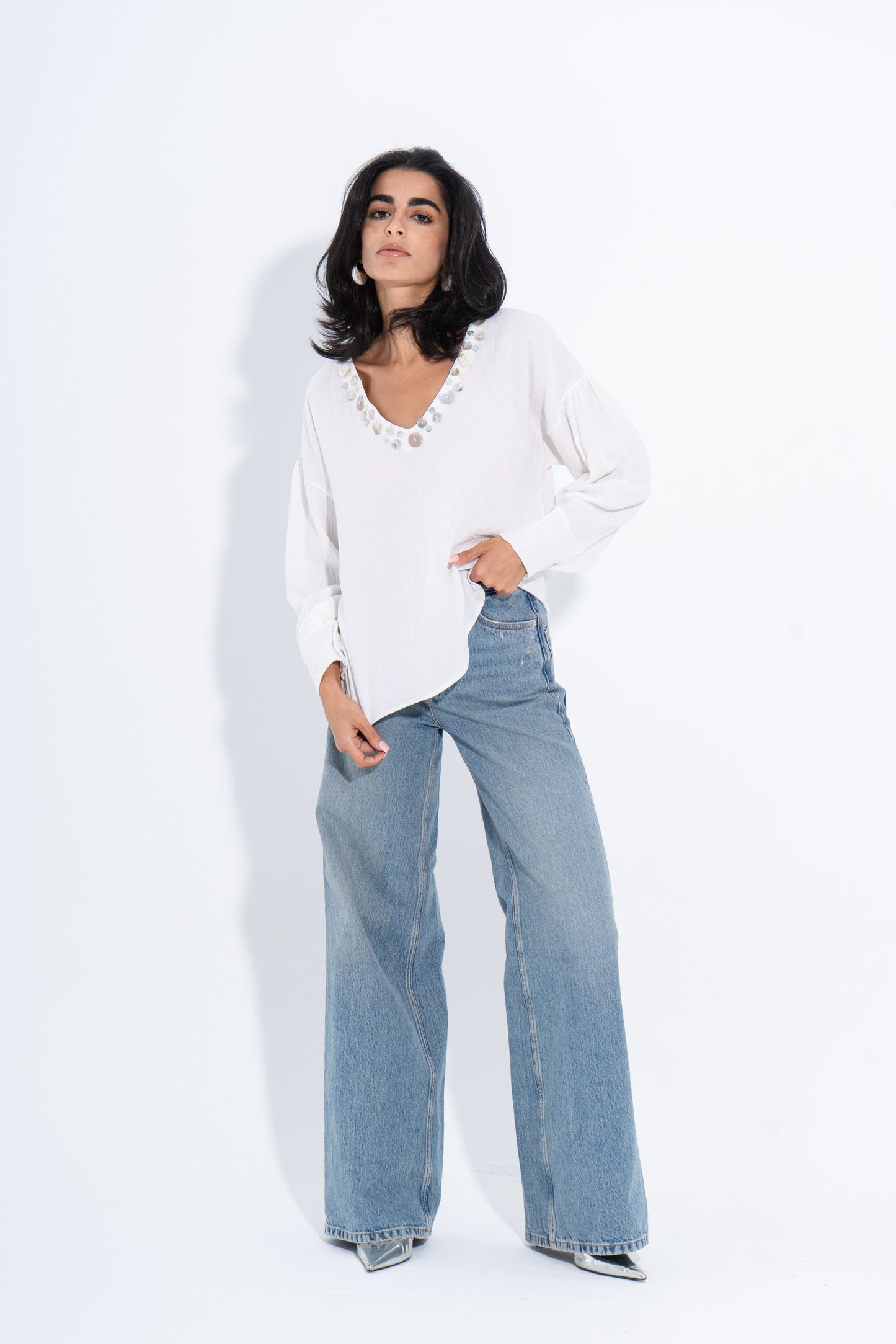 Linen Solid Embellished V-Neck Blouse – White