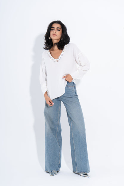 Linen Solid Embellished V-Neck Blouse – White