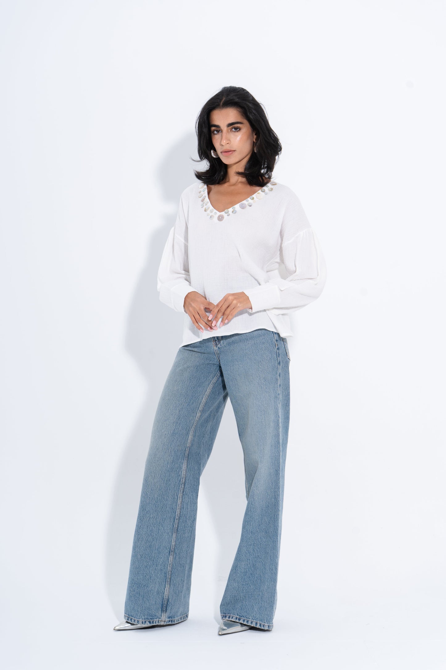 Linen Solid Embellished V-Neck Blouse – White