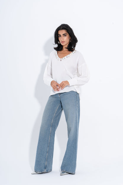 Linen Solid Embellished V-Neck Blouse – White