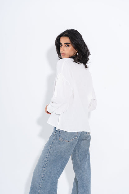 Linen Solid Embellished V-Neck Blouse – White