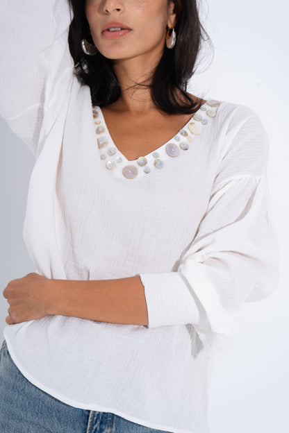Linen Solid Embellished V-Neck Blouse – White