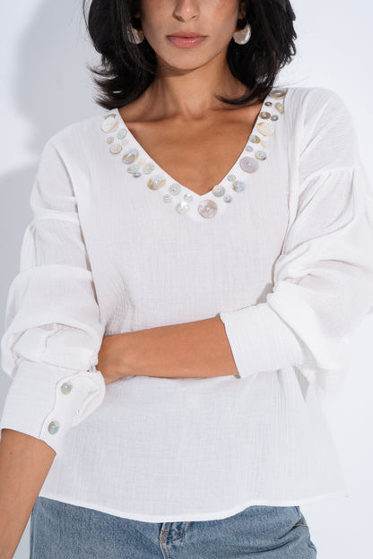 Linen Solid Embellished V-Neck Blouse – White