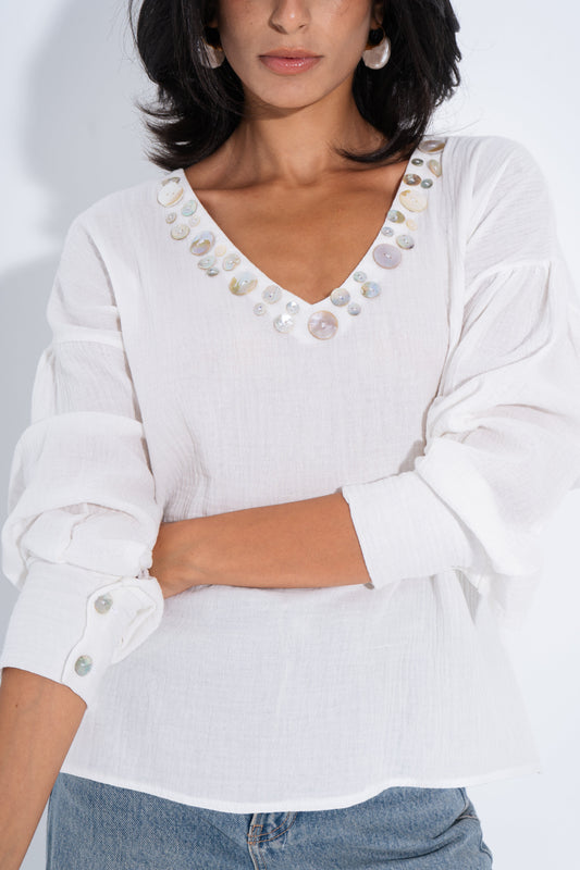 Linen Solid Embellished V-Neck Blouse – White