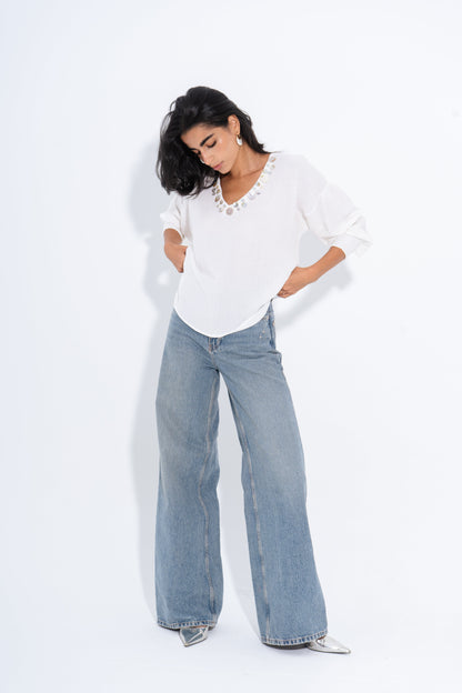 Linen Solid Embellished V-Neck Blouse – White