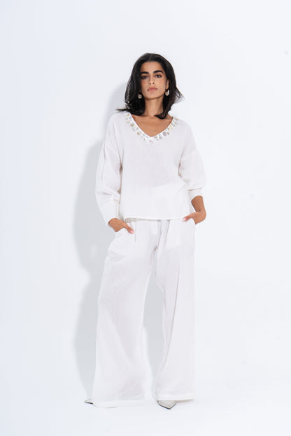 Linen Solid Wide-Leg Pants – White