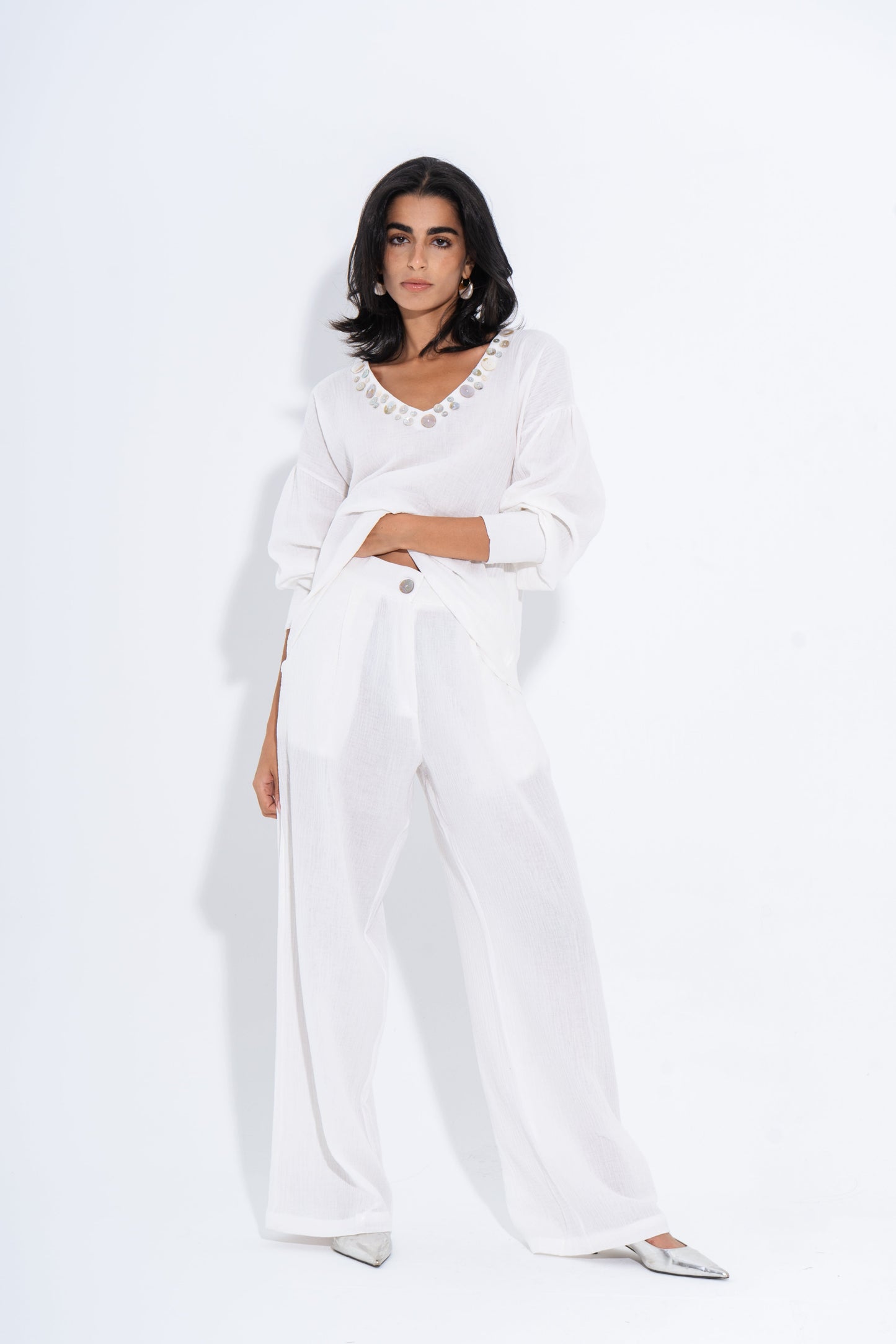 Linen Solid Wide-Leg Pants – White