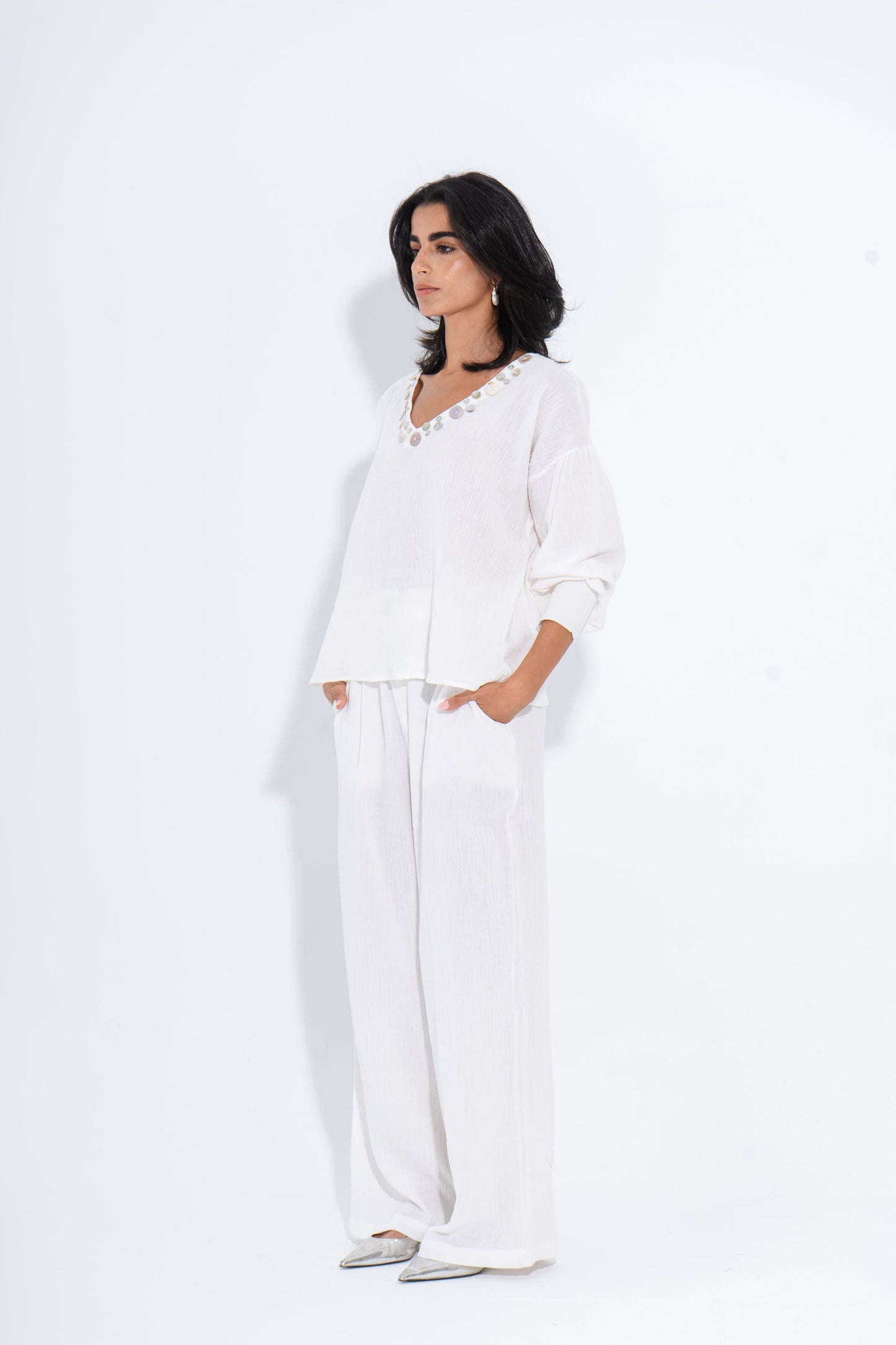 Linen Solid Wide-Leg Pants – White