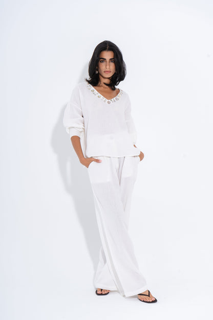 Linen Solid Wide-Leg Pants – White