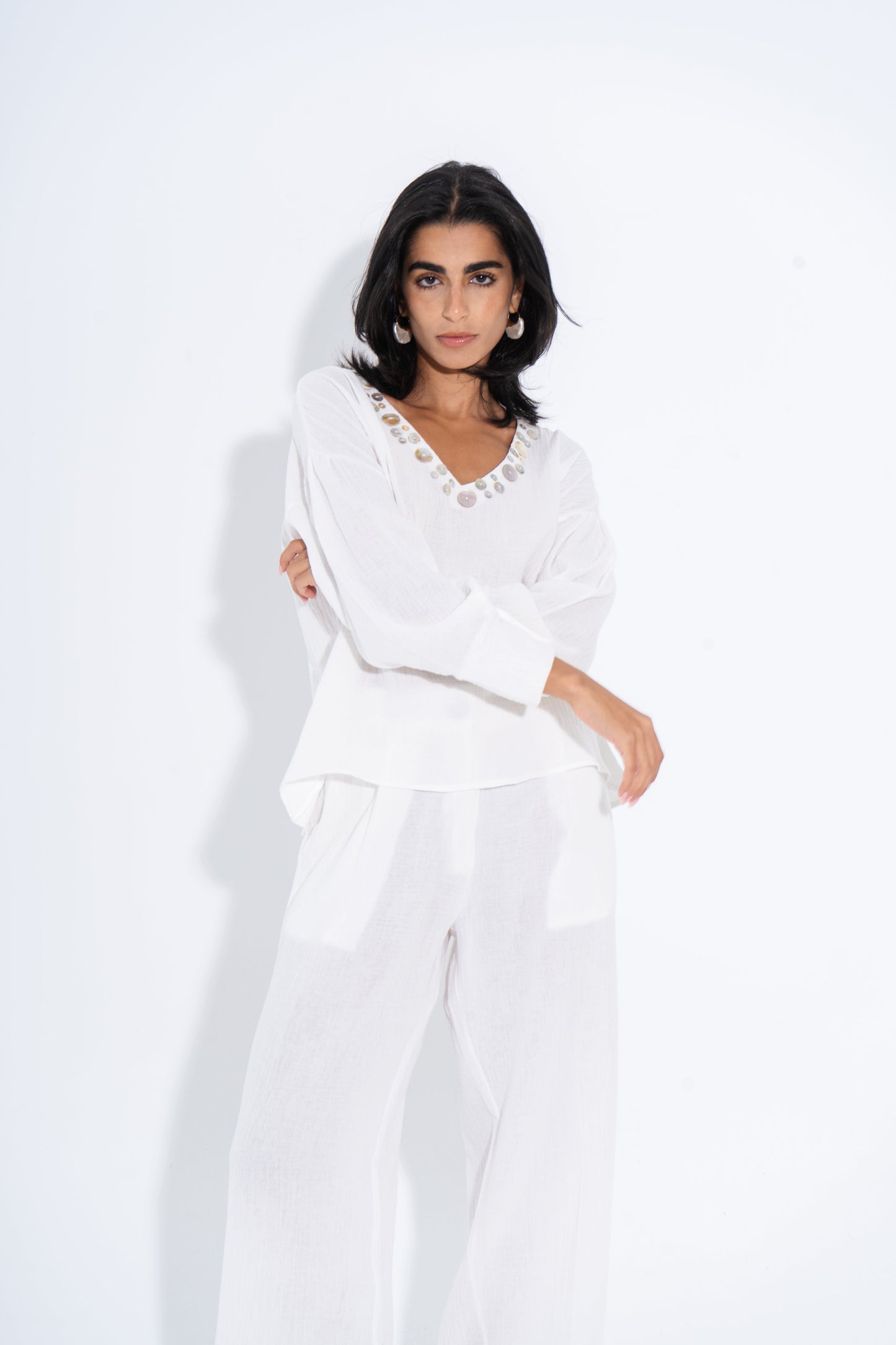 Linen Solid Two-Piece Set – White