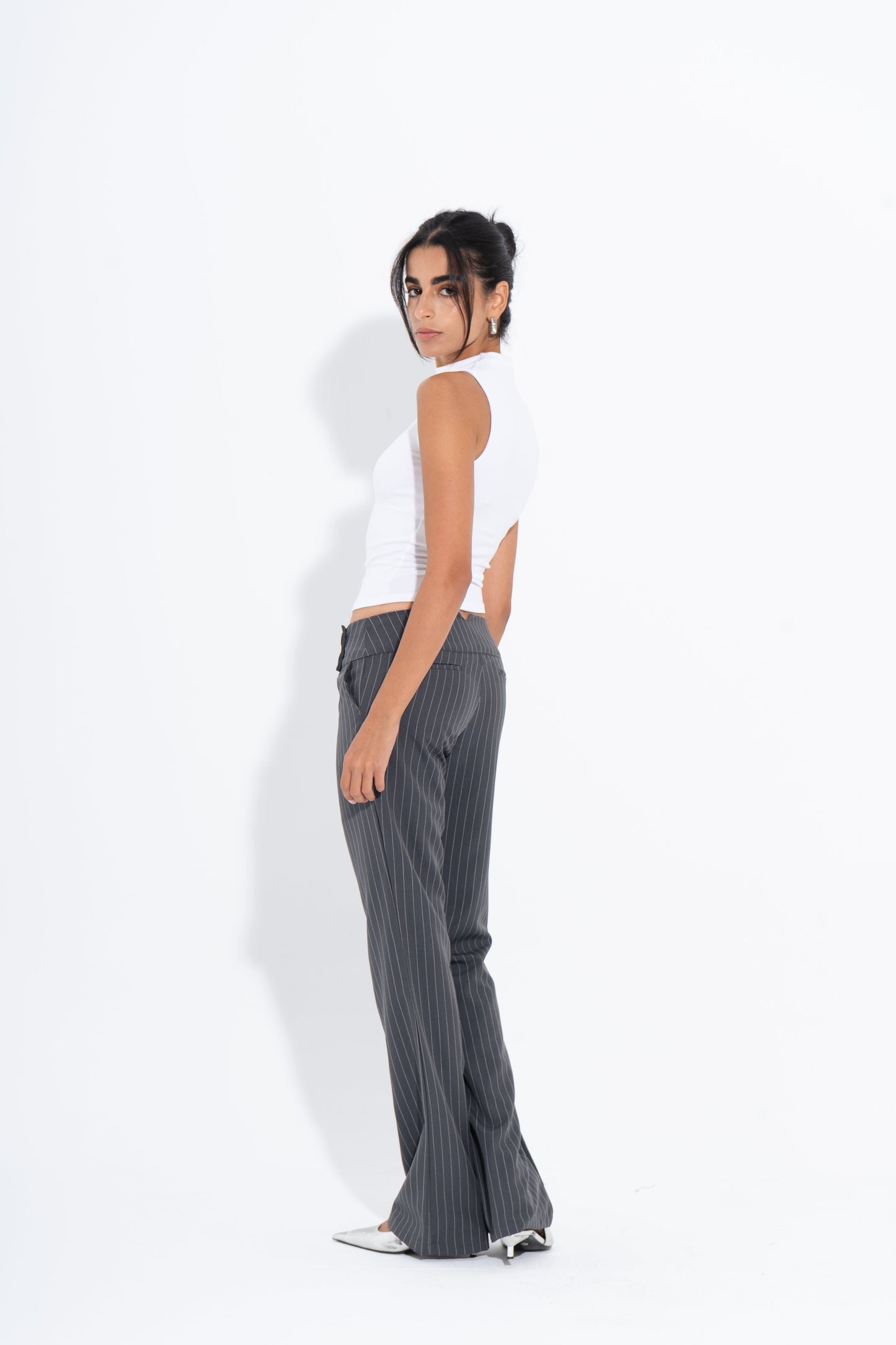 Light Gabardine Pinstripe Wide-Leg Pants – Grey