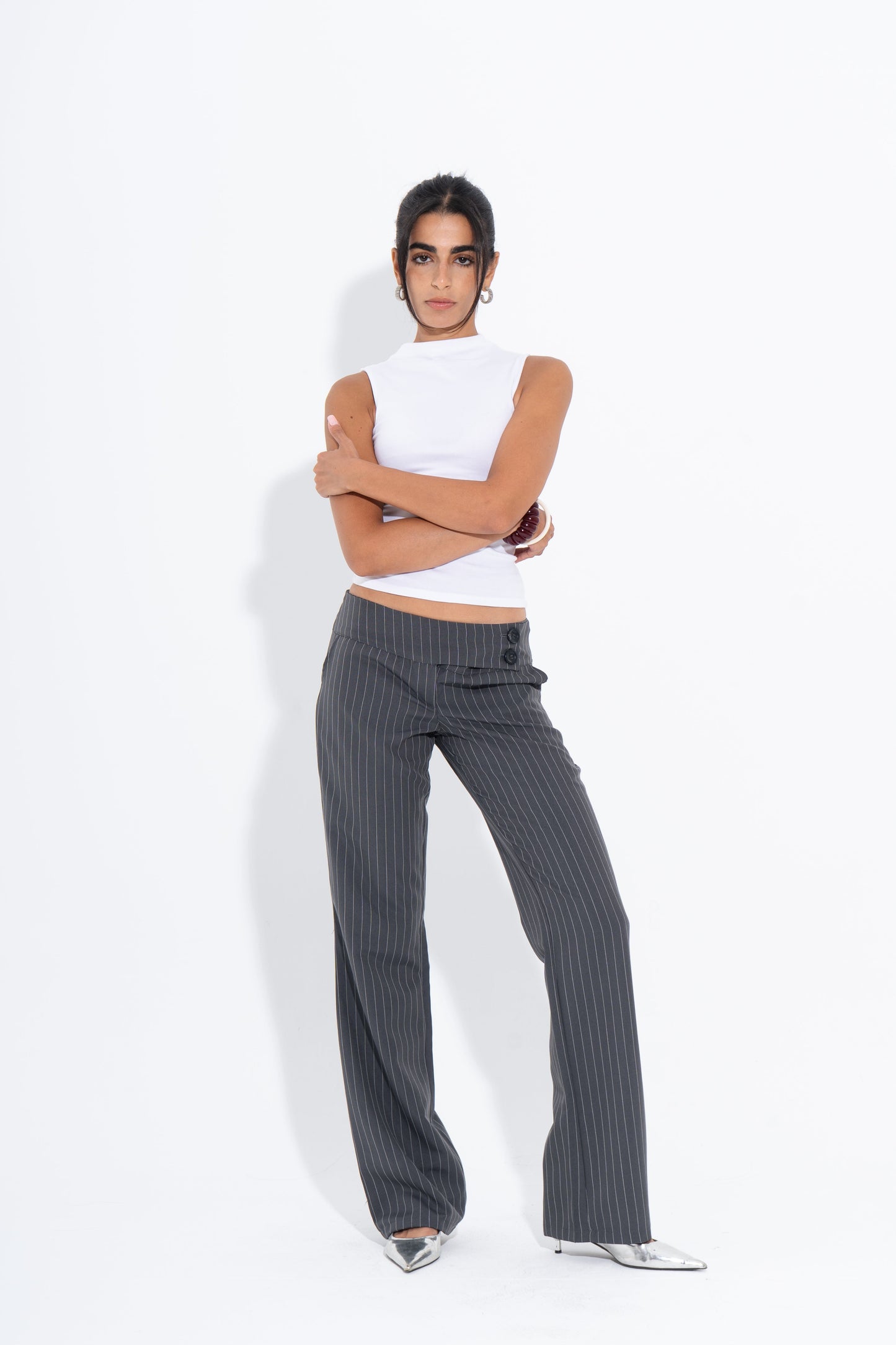 Light Gabardine Pinstripe Wide-Leg Pants – Grey