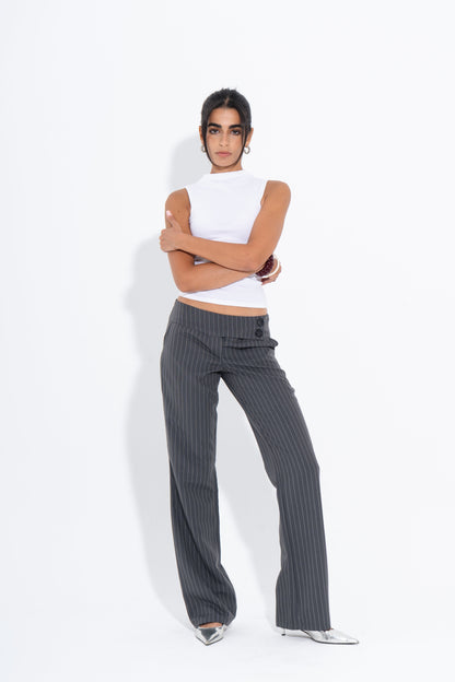 Light Gabardine Pinstripe Wide-Leg Pants – Grey